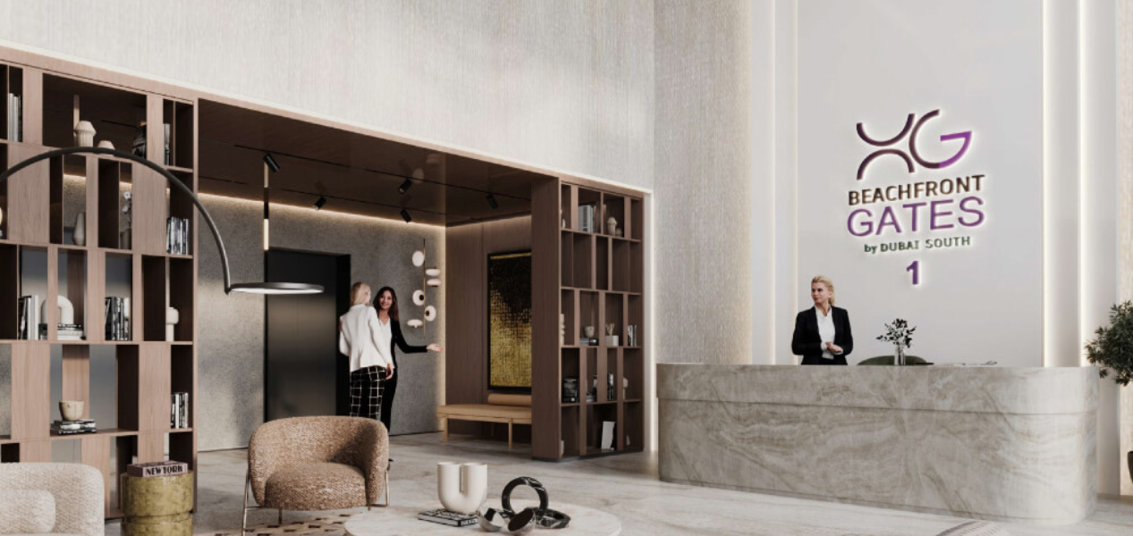 Reception and lobby area at Beachfront Gates Expo City Dubai