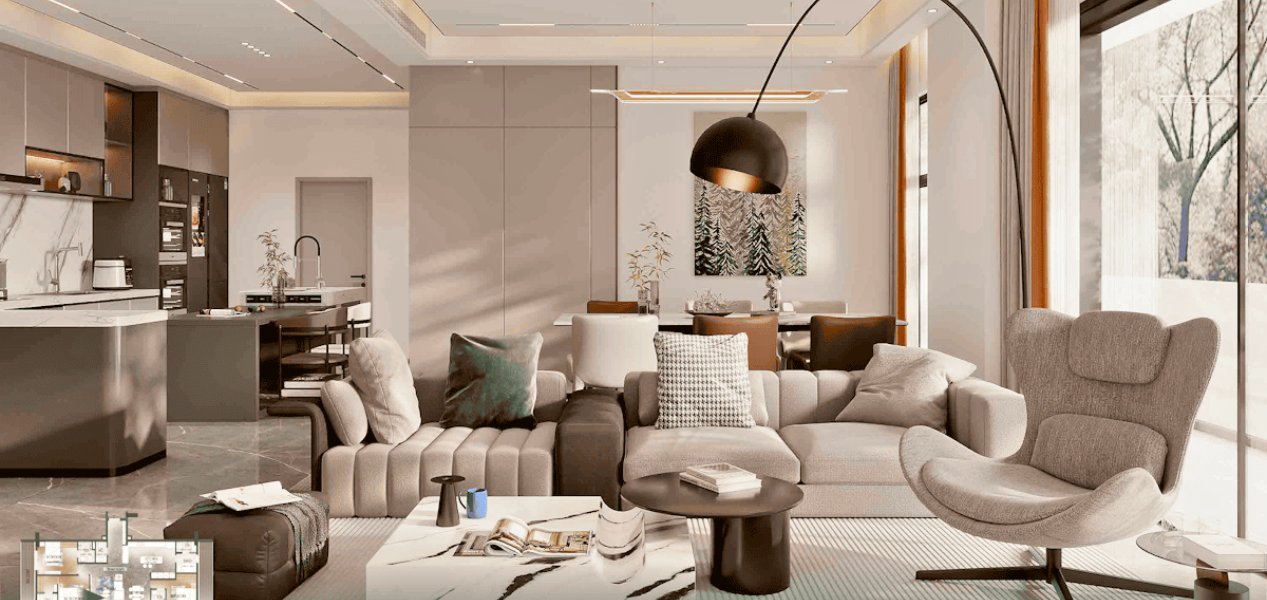 Family lounge inside Forest City Tower Majan residential unit