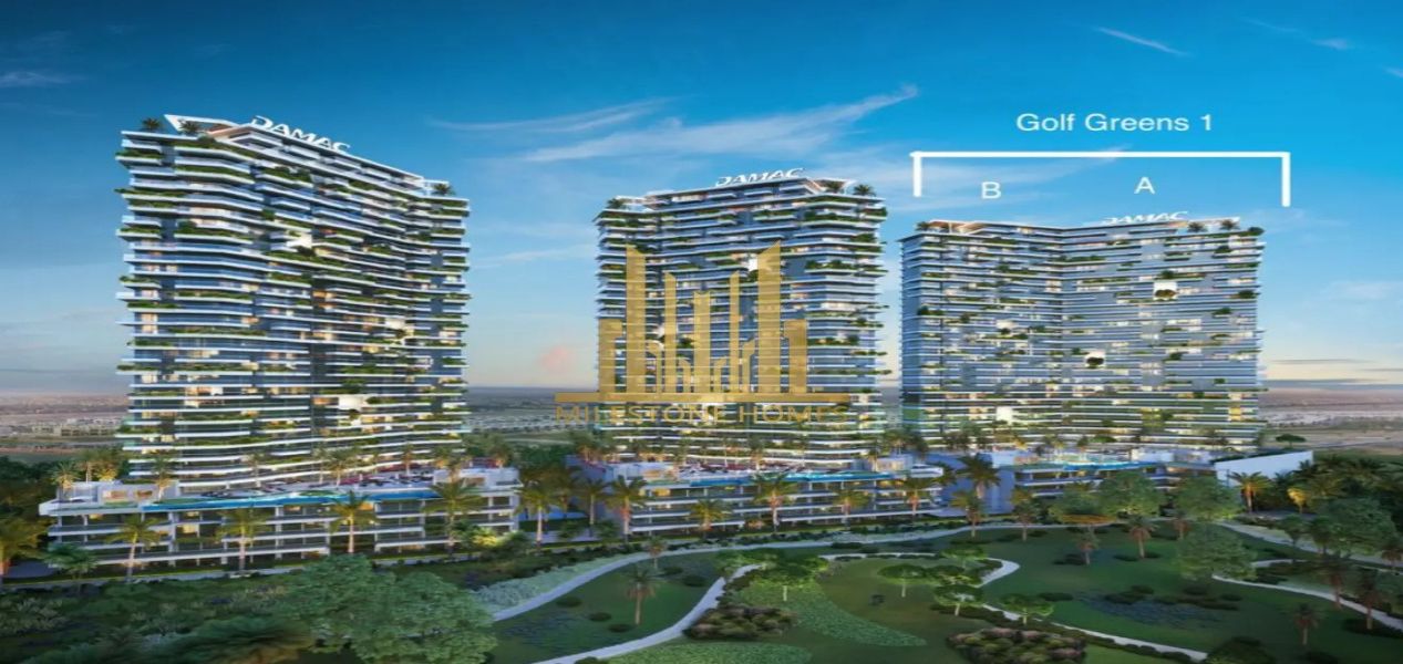 2‑bedroom Golf Greens apartment multiple towers overview with golf course backdrop