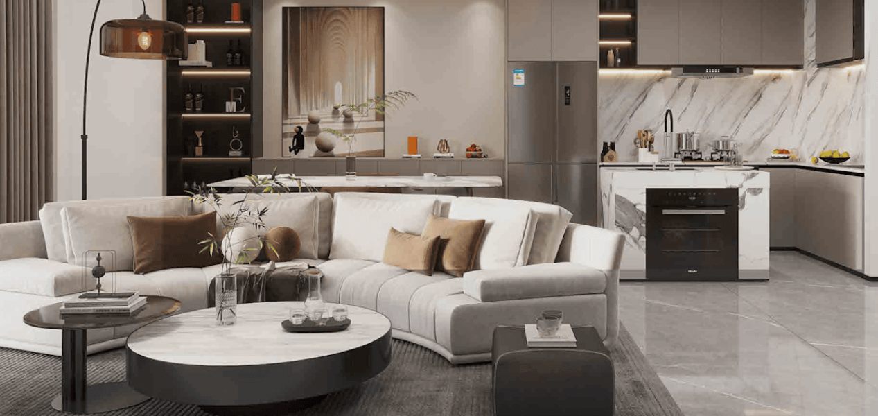 Stylish living room at Forest City Tower Majan with modern design