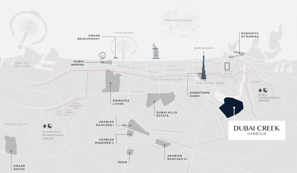 Map of Dubai Creek Harbour location with proximity to top Dubai areas
