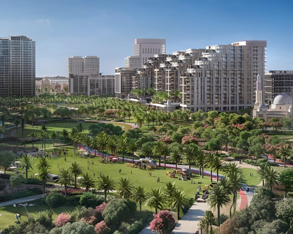 Lush park and residential properties in Dubai Hills Estate with modern buildings and green open spaces