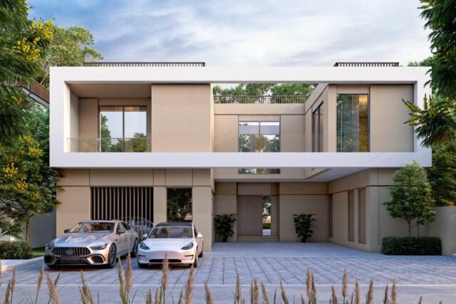 Front elevation of Sobha Elwood Dubailand villas with modern architecture and luxury car parking
