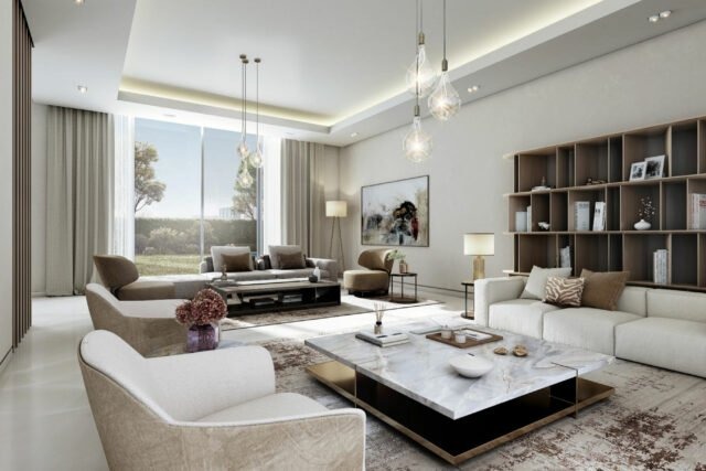 Family lounge in Sobha Elwood Dubailand villas featuring modern decor and open layout