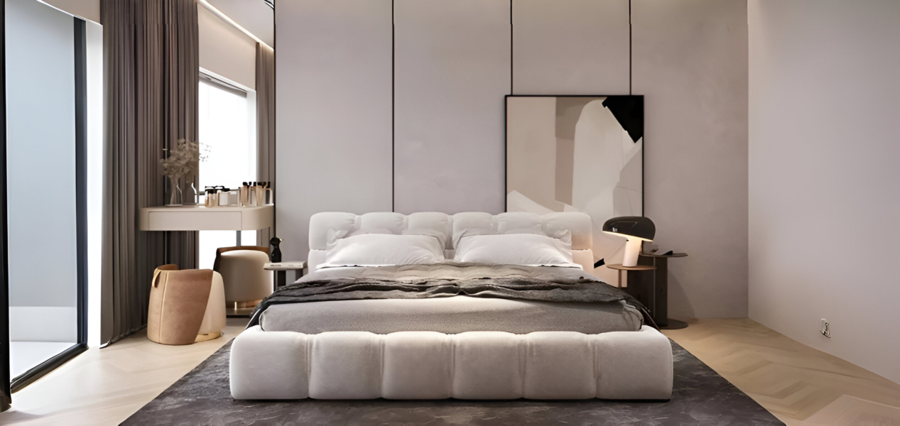 Modern bedroom design at Hillside Residences Wasl Gate featuring plush furniture and elegant decor
