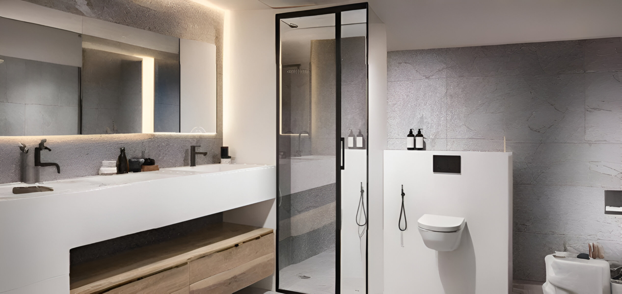 Luxurious bathroom at Hillside Residences Wasl Gate with modern fixtures and stone wall accents