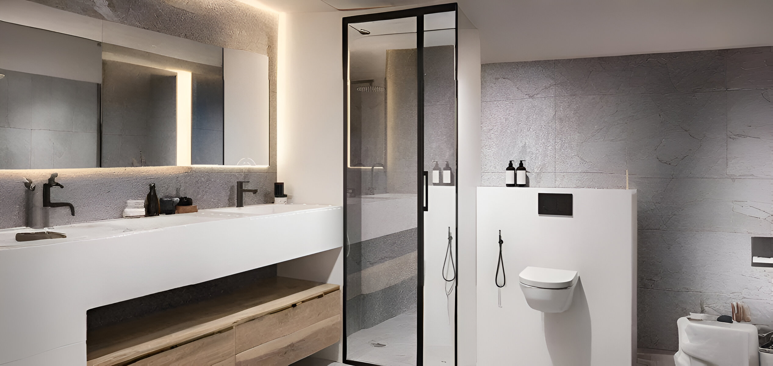 Luxurious bathroom at Hillside Residences Wasl Gate with modern fixtures and stone wall accents