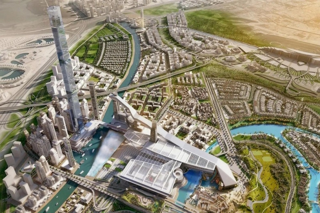 Aerial view of luxury properties in Meydan Dubai with canals, villas, and green spaces