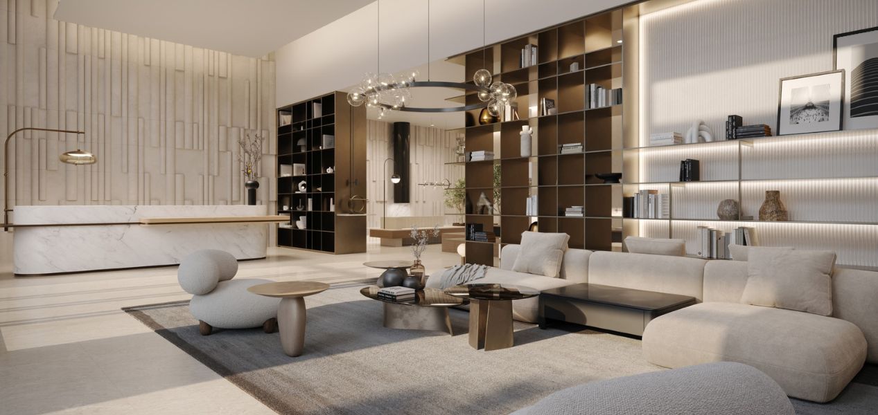 Spacious living room at Rosehill by Emaar at Dubai Hills Estate with natural lighting