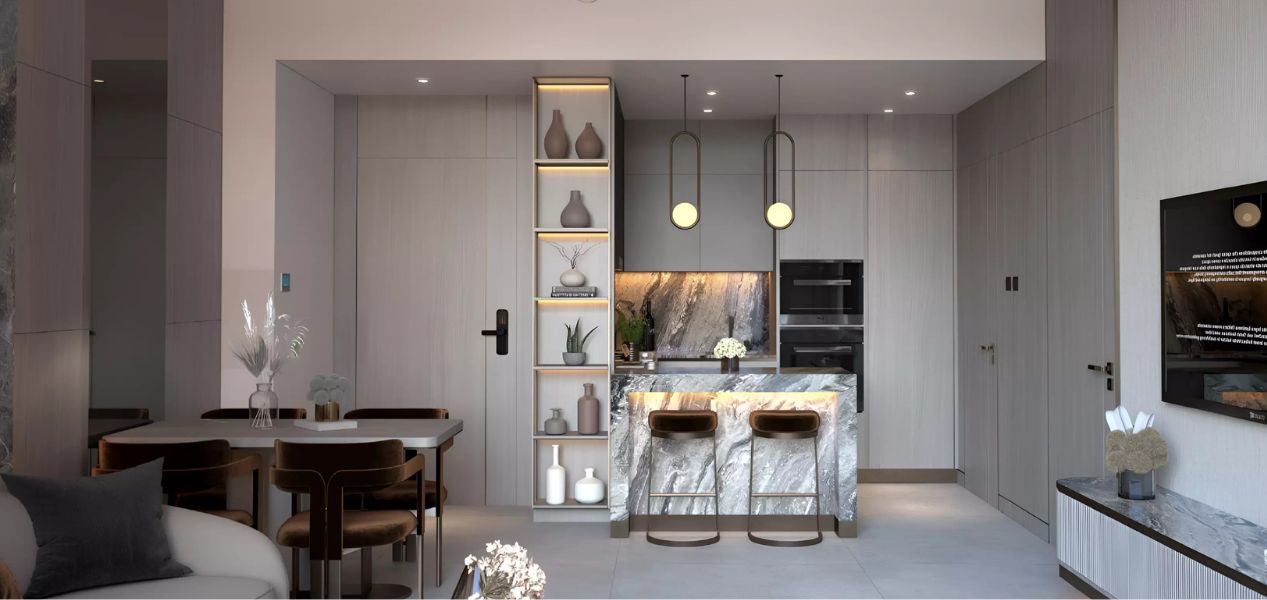 Elegant kitchen and dining space in Coral by Vision at Al Satwa Dubai with marble finishes.