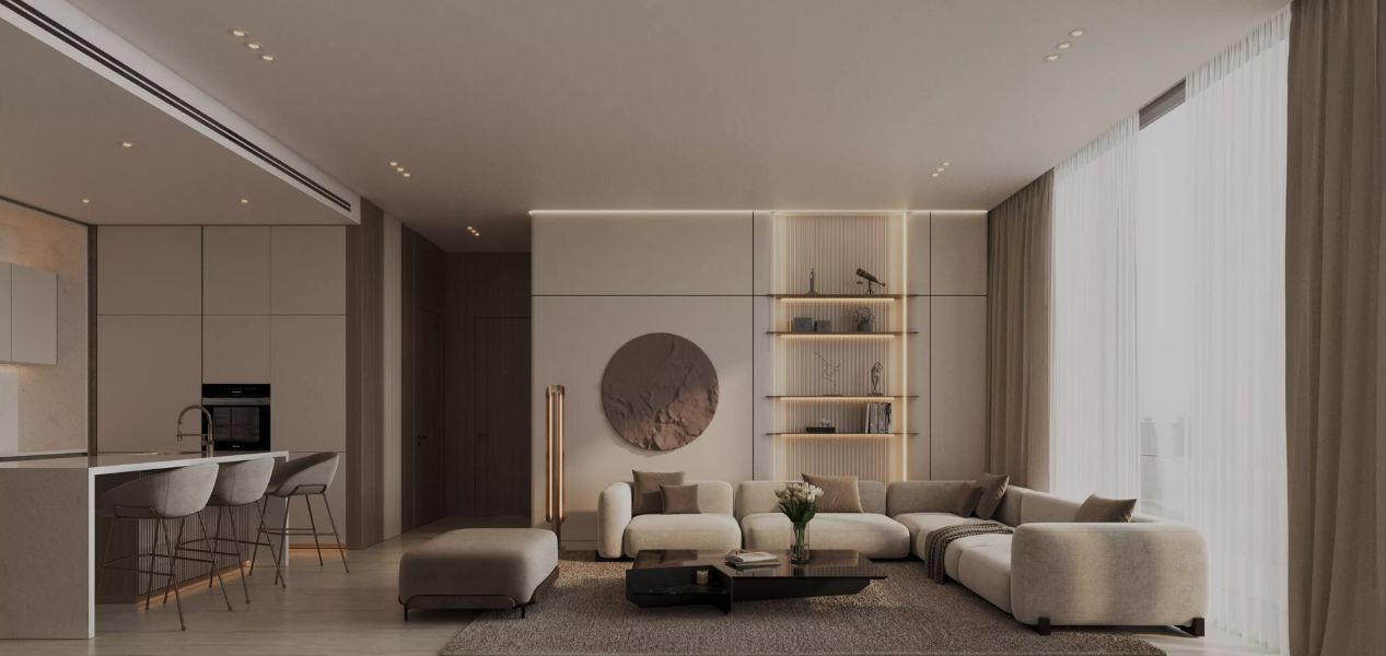 Spacious living room at Binghatti Elite Apartments Dubai Production City