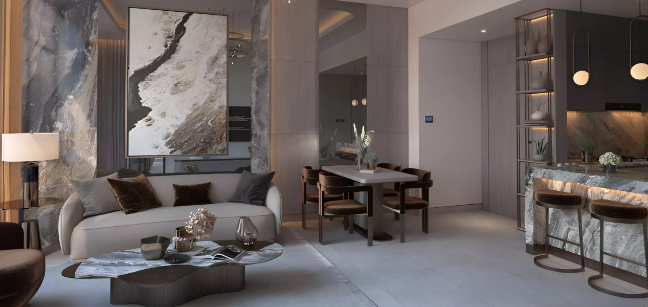 Modern living room interior at Coral by Vision at Al Satwa Dubai with dining area and stylish open kitchen.