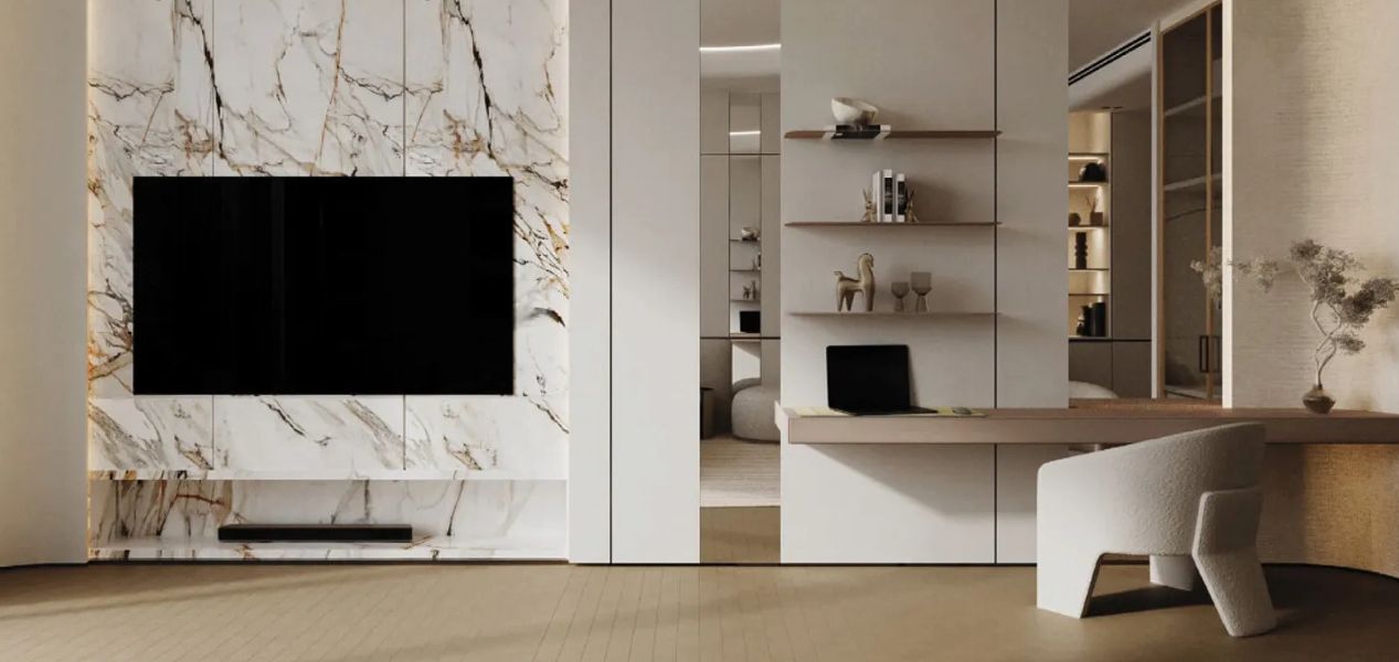 Stylish modern interior of living space in Apartments in Binghatti Circle JVC Dubai.