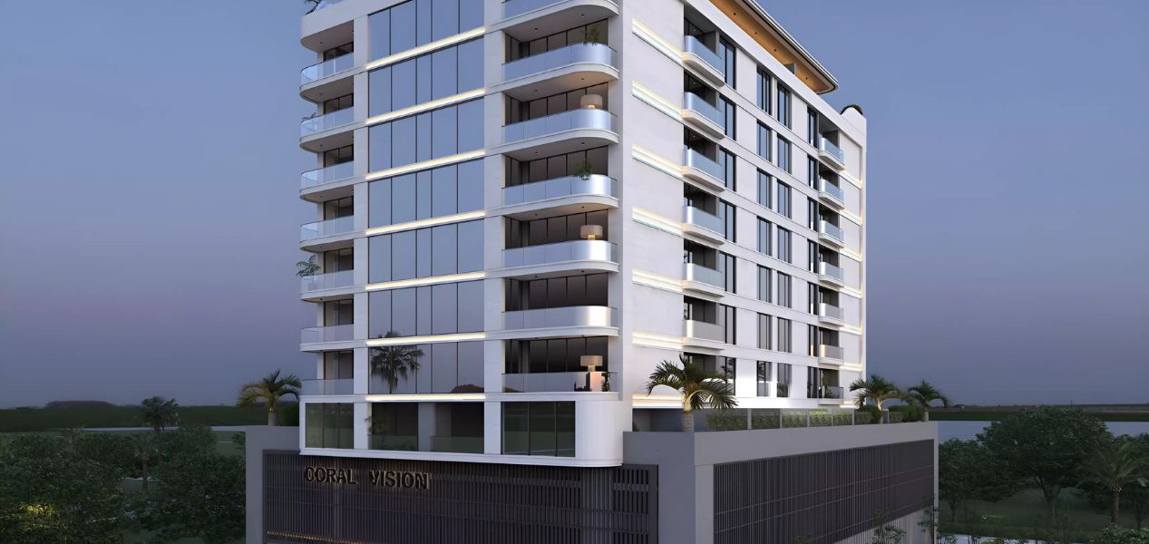 Contemporary residential tower Coral by Vision at Al Satwa Dubai with glass facade and balconies.