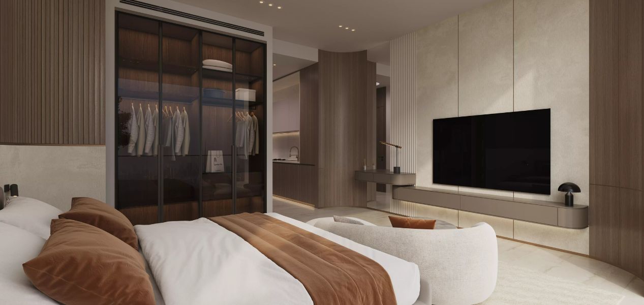 Modern bedroom at Binghatti Elite Apartments Dubai Production City