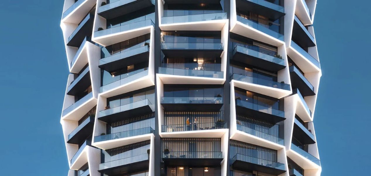 Close-up view of the architectural design of Apartments in Binghatti Circle JVC Dubai.