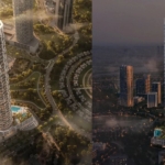 Daytime aerial view of Apartments in Binghatti Circle JVC Dubai surrounded by greenery.