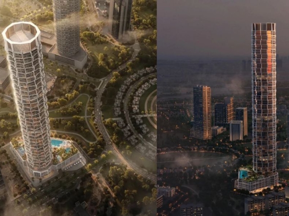 Daytime aerial view of Apartments in Binghatti Circle JVC Dubai surrounded by greenery.