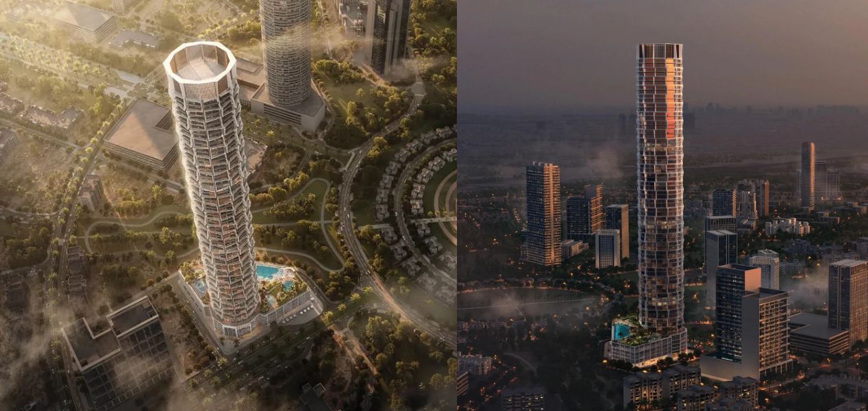 Daytime aerial view of Apartments in Binghatti Circle JVC Dubai surrounded by greenery.