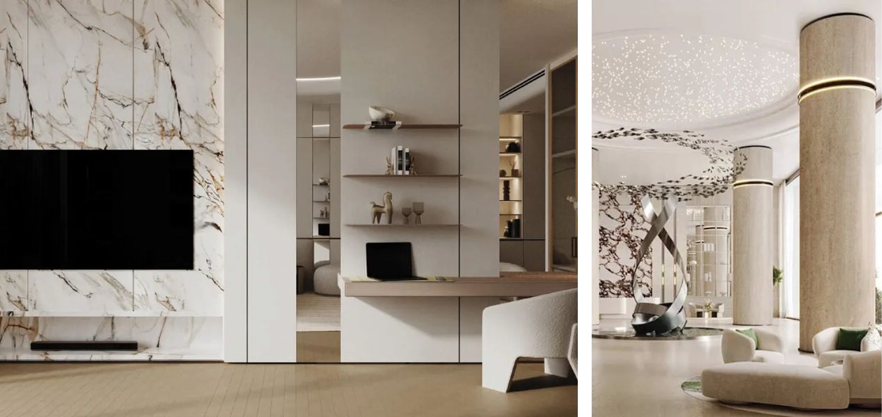 Elegant lobby with artistic lighting in Apartments in Binghatti Circle JVC Dubai.