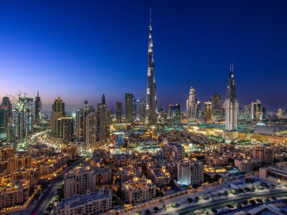 Skyline view of Downtown Dubai, one of the best places to buy property in Dubai with luxury apartments and iconic landmarks