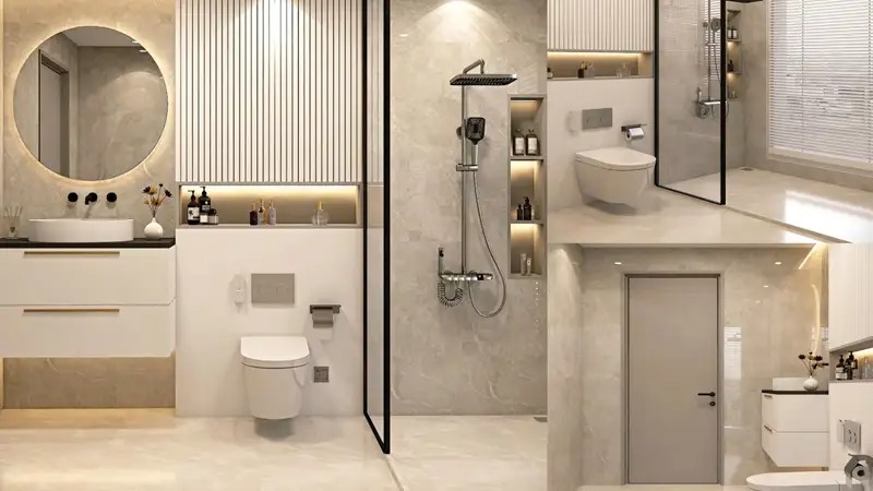 Modern bathroom at Sports View Residence Dubailand with luxury fittings and elegant design