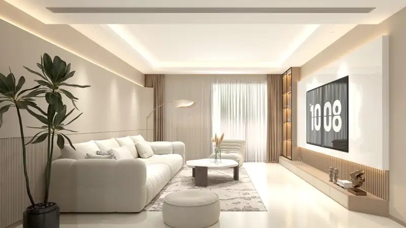 Stylish living room at Sports View Residence Dubailand with large TV and modern sofa
