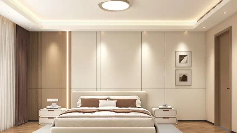 Spacious bedroom at Sports View Residence Dubailand with contemporary interiors