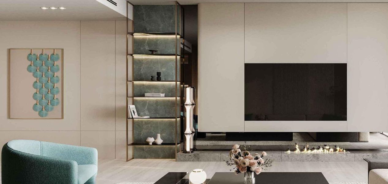 Elegant living room interior of Binghatti Skyblade Downtown Dubai residence