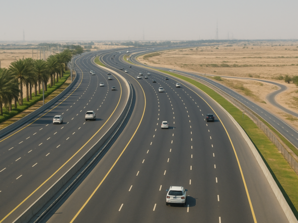 Aerial view of Emirates Road E611 Dubai highway