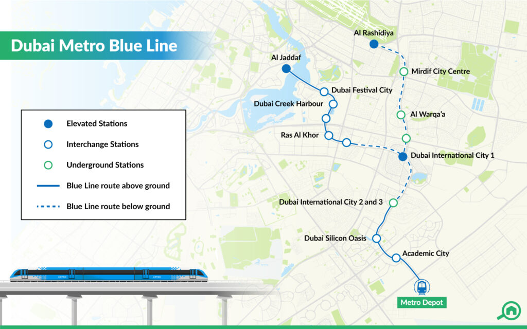 Map view of properties near Dubai Metro Blue Line and upcoming stations